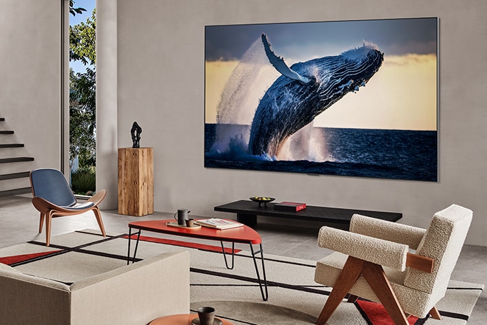 Wohnzimmer mit einem an der Wand befestigten TV. Der Bildschirm zeigt ein qualitativ hochwertiges Bild eines aus dem Wasser springenden Wals an.