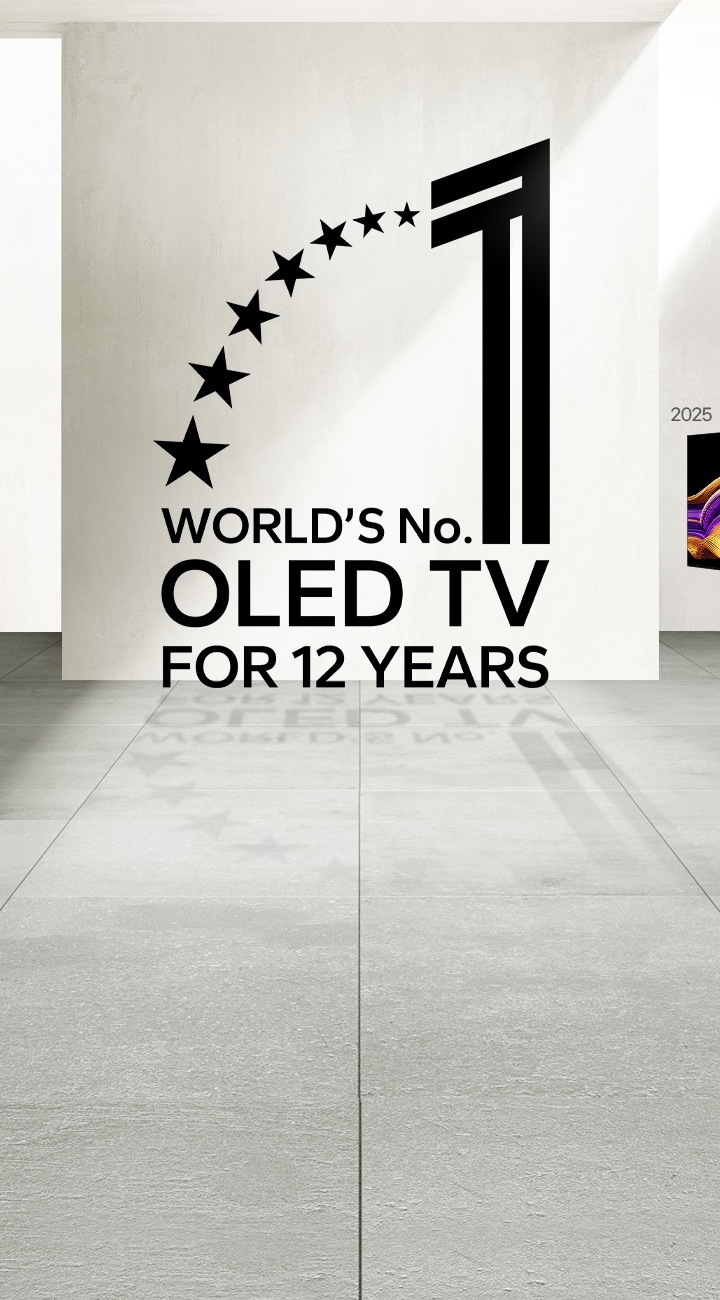 Emblem “World's number 1 OLED TV for 12 Years”. Der Hintergrund sieht aus wie ein Ausstellungsraum. In der Ferne ist ein LG OLED TV zu sehen.