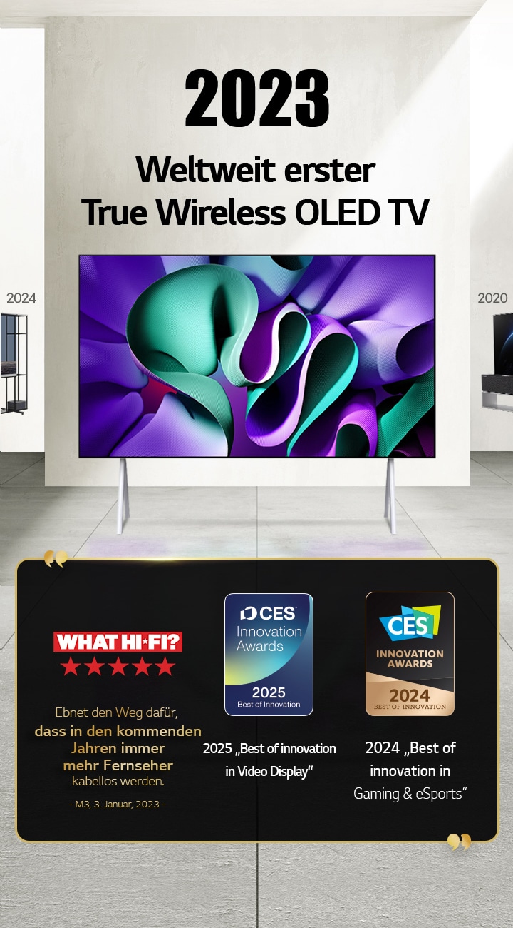 LG TV. Der Titel lautet „2023 Weltweit erster True Wireless OLED TV“. Auszeichnungen befinden sich daneben. What Hi-Fi: Ebnet den Weg dafür, dass in den kommenden Jahren immer mehr Fernseher kabellos werden. 2025 „Best of Innovation in Video Displays“ und 2024 „Best of Innovation in Gaming & eSports“ von den CES Innovation Awards.