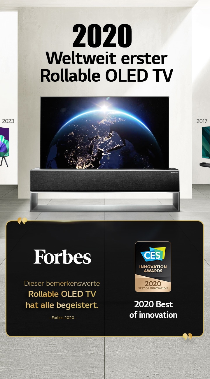 LG TV. Der Titel lautet „2020 Weltweit erster Rollable OLED TV“. Auszeichnungen befinden sich daneben. Forbes: Dieser bemerkenswerte Rollable OLED TV hat alle begeistert. 2020 Auszeichnung „Best of Innovation“ von CES Innovation Awards.