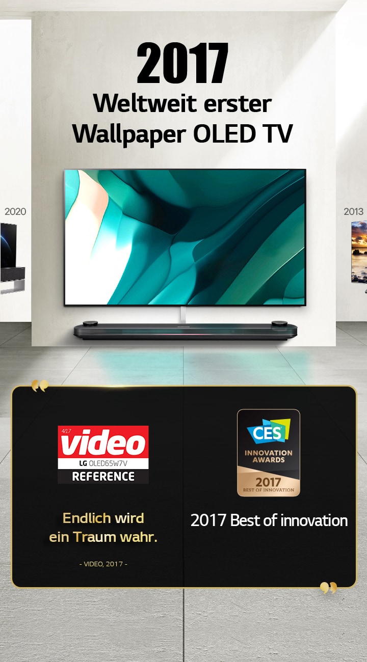 LG TV. Der Titel lautet „2017 Weltweit erster OLED TV im Wallpaper Design“. Auszeichnungen befinden sich daneben. Video: Endlich wird ein Traum wahr. 2017 Auszeichnung „Best of Innovation“ von CES Innovation Awards.