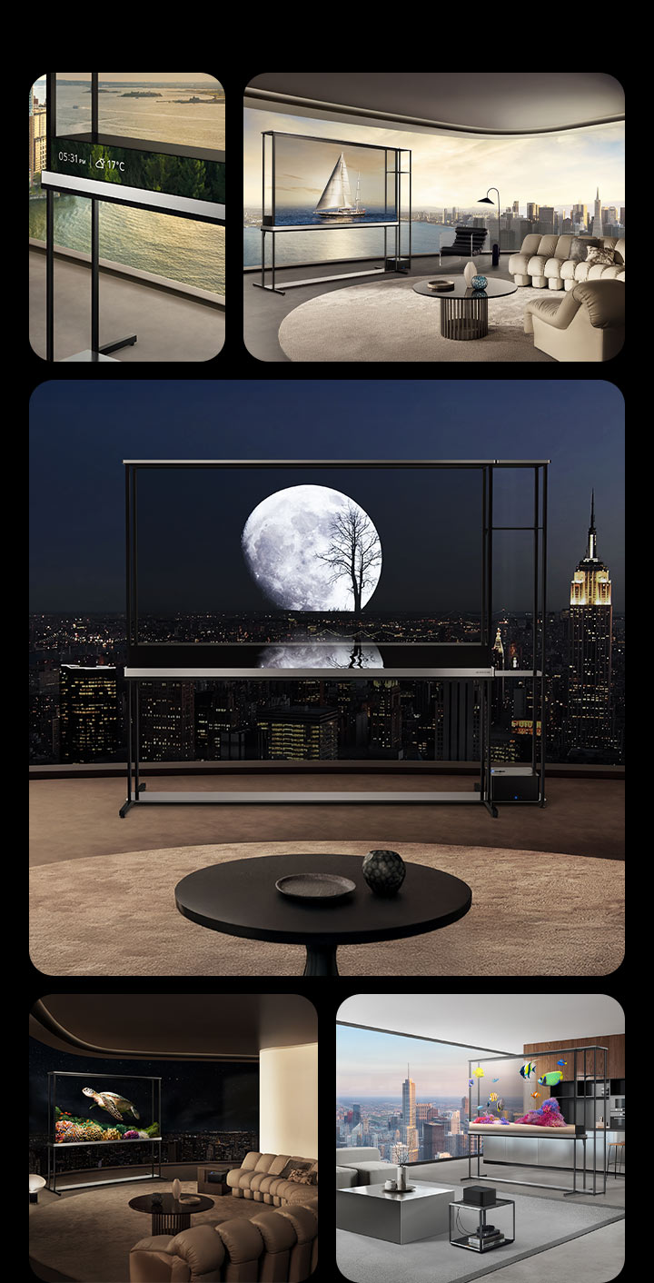 Verschiedene Räume mit einem LG Signature OLED T TV. In jedem dieser Videos ist der Fernseher im transparenten Modus und zeigt, wie die Bilder der T-Contents mit der Realität verschmelzen. In einer der Szenen ist auch die Informationsleiste sichtbar, die Datum, Uhrzeit und Temperatur anzeigt.