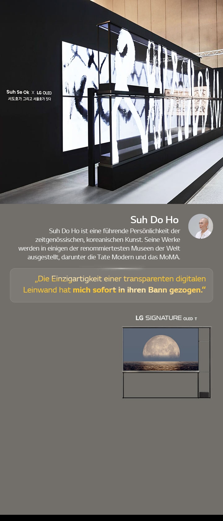 Die Kunstausstellung „Suh Se Ok x LG OLED“ wird mit einem Zitat von Suh Do Ho, einem der Künstler, dargestellt: Die Einzigartigkeit einer transparenten digitalen Leinwand hat mich sofort in ihren Bann gezogen. Der LG Signature OLED T ist ebenfalls sichtbar. Kurze Beschreibungen über den Künstler und Frieze Seoul 2024 sind ebenfalls zu sehen.
