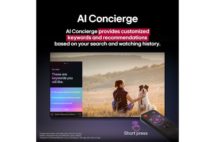 LG AI Magic Remote vor einem LG TV-Bildschirm. Auf dem Bildschirm erscheint eine personalisierte Begrüßung durch die LG KI mit benutzerdefinierten Schlüsselwörtern, die auf dem Such- und Sehverlauf des Benutzers basieren. An der Fernbedienung befinden sich ein Symbol und ein Hinweis darauf, dass die AI Concierge-Funktion mit einem kurzen Druck auf die KI-Schaltfläche leicht zugänglich ist.