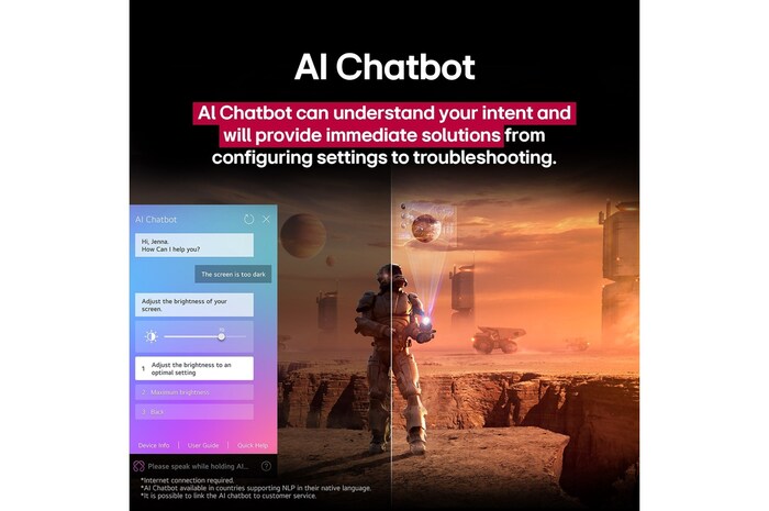 Auf einem LG TV-Bildschirm werden Science-Fiction-Inhalte abgespielt. Auf dem Bildschirm befindet sich die Benutzeroberfläche des AI Chatbots. Der Benutzer hat dem Chatbot mitgeteilt, dass der Bildschirm zu dunkel ist. Der Chatbot bot Lösungen für die Anfrage an. Die gesamte Szene ist in zwei Hälften geteilt. Die eine Seite ist dunkler, die andere Seite heller und zeigt, wie der AI Chatbot das Pro