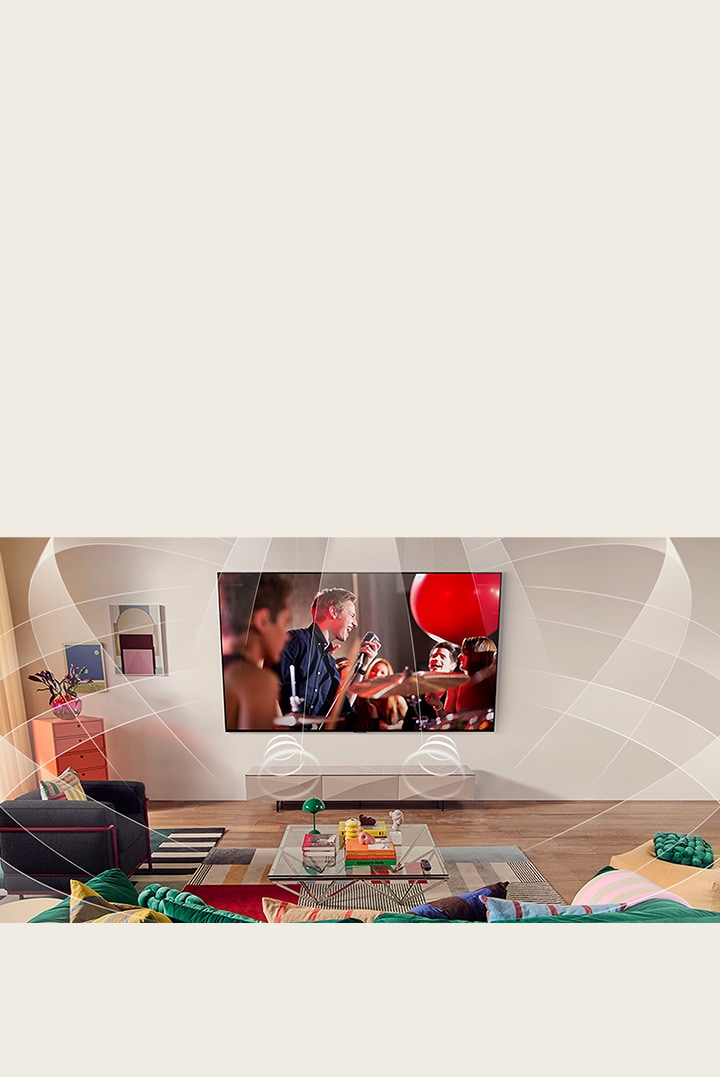 Wohnzimmer mit einem wandmontierten LG TV. Grafisch dargestellte Schallwellen füllen den Raum und zeigen, wie virtuelle 11.1.2-Kanäle ein Surround-Sound-Erlebnis für den Benutzer schaffen.