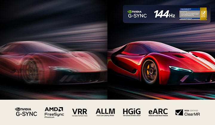 Zwei Bilder eines Autos in einem Videospiel nebeneinander. Auf einem ist viel Bewegungsunschärfe zu sehen. Das andere ist scharf und fokussiert und zeigt die hohe Bildrate des LG OLED TVs. Nvidia G-Sync-Logo, 144Hz-Logo, das 0,1-ms-Reaktionszeit-Abzeichen von Intertek und andere relevante Zertifizierungen sind sichtbar.
