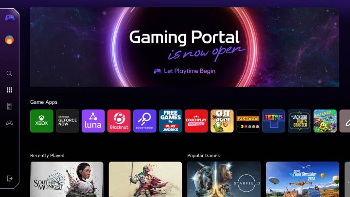 Startbildschirm des Gaming Portal. Über den Cursor lassen sich verschiedene beliebte Spieletitel auswählen. Außerdem können Games nach der Art des verfügbaren Controllers – Gamepad oder Fernbedienung – gefiltert werden.