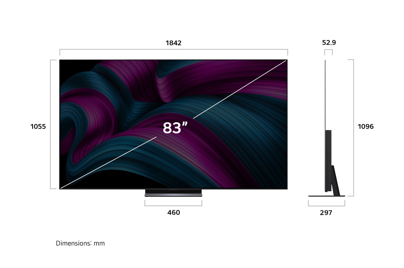 Frontansicht und Seitenansicht des LG OLED evo AI C5 4K Smart TV mit den Abmessungen der Länge, Breite, Höhe und Tiefe.