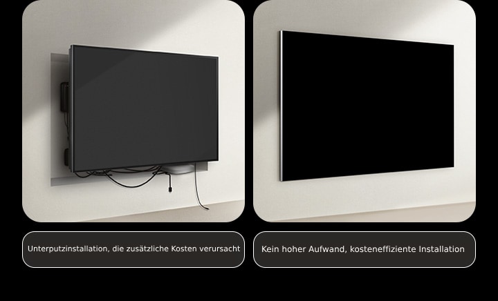 Vergleich der Installation eines kabelgebundenen Fernsehgeräts und der eines LG True Wireless TVs. Bei kabelgebundenen Fernsehgeräten waren zusätzliche Bauarbeiten nötig, um alle Kabel und anderen Geräte hinter dem Fernseher zu verstecken. Der unordentliche Aufbau und die Kabel sind durch die Lücken weiterhin sichtbar. Die Aufschrift lautet: „Unterputzinstallation, die zusätzliche Kosten verursacht“. Beim LG True Wireless wird das Fernsehgerät sauber an der Wand montiert. Es sind keine Kabel oder Geräte zu sehen. Die Aufschrift lautet: „Kein Aufwand, kosteneffiziente Installation.“