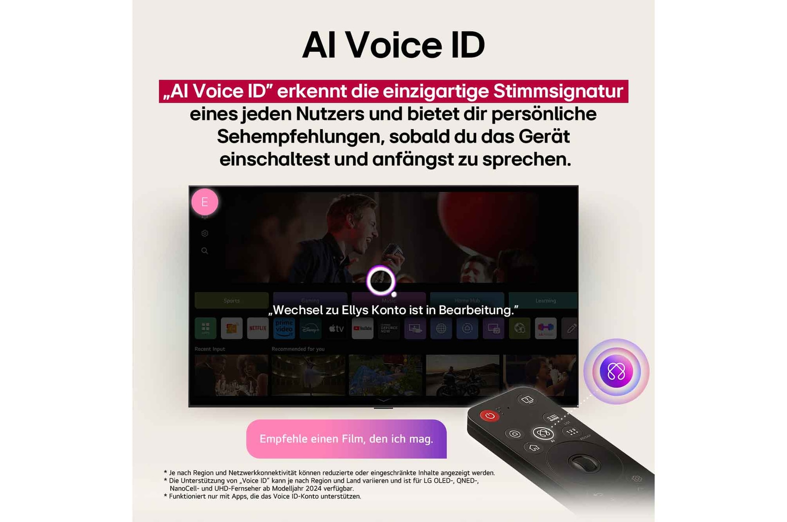 LG TV-Bildschirm mit einer AI Magic Remote im Vordergrund. Die KI-Schaltfläche ist hervorgehoben und eine Sprechblase zeigt den Text „Schlage einen Film vor, der mir gefällt“. Auf dem Bildschirm sehen wir das Benutzersymbol E, das anzeigt, dass AI Voice ID in der Lage war, den Benutzer zu identifizieren und personalisierte Empfehlungen allein auf der Grundlage seiner Stimme zu geben.