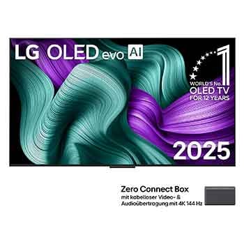 Frontansicht des Weltweit ersten True Wireless TVs 65 Zoll LG OLED evo AI M5 mit 4K 144Hz Video und Audioübertragung OLED65M59LA