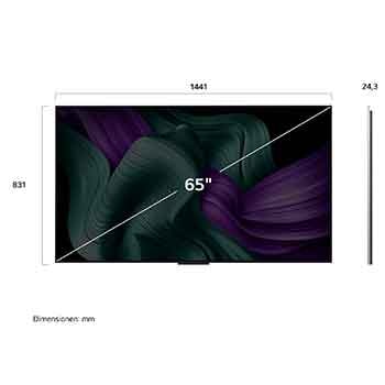 Frontansicht und Seitenansicht des LG OLED M5 TV mit den Abmessungen Länge, Breite, Höhe und Tiefe.