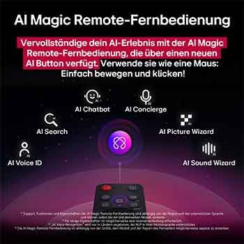 LG AI Magic Remote mit hervorgehobener KI-Schaltfläche. Rundherum befinden sich die verschiedenen Funktionen, auf die ein Benutzer über die Schaltfläche zugreifen kann. AI Voice ID, AI Search, AI Chatbot, AI Concierge, AI Picture Wizard, AI Sound Wizard. Der Text erklärt, dass die LG AI Magic Remote dein KI-Erlebnis mit einer speziellen KI-Schaltfläche vervollständigt und wie eine Maus in der Luft