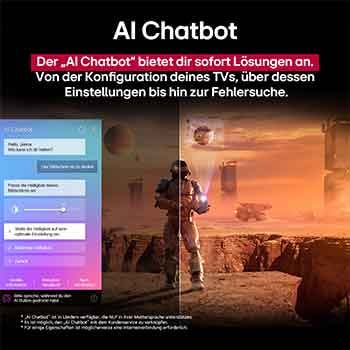 Auf einem LG TV-Bildschirm werden Science-Fiction-Inhalte abgespielt. Auf dem Bildschirm befindet sich die Benutzeroberfläche des AI Chatbots. Der Benutzer hat dem Chatbot mitgeteilt, dass der Bildschirm zu dunkel ist. Der Chatbot bot Lösungen für die Anfrage an. Die gesamte Szene ist in zwei Hälften geteilt. Die eine Seite ist dunkler, die andere Seite heller und zeigt, wie der AI Chatbot das Pro