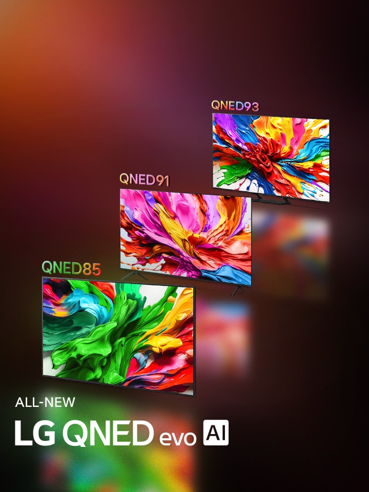 LG TVs mit farbenfrohen Kunstwerken, die die lebendige, leuchtende Farbwiedergabe-Technologie der LG QNED-Technologie hervorheben. Auch das Logo ALL NEW LG QNED evo AI ist zu sehen.