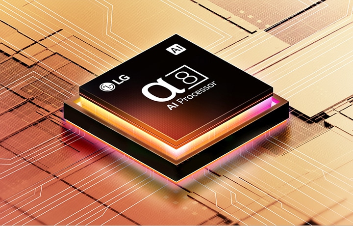 Der Alpha 8 AI-Prozessor-Chip mit LG Logo auf einer orange leuchtenden mechanischen Platte.