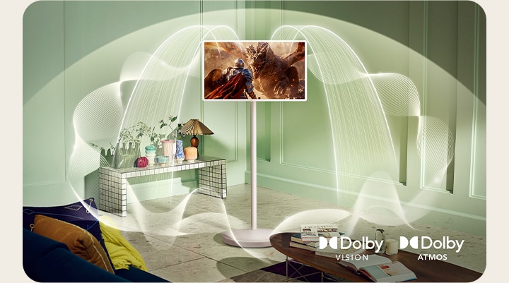 Klangwellen, die vom StanbyME 2 ausgehen, mit Dolby Vision- und Dolby Atmos-Logos.