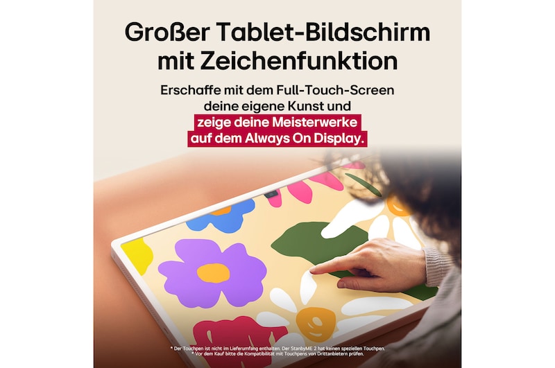 Der LG StanbyME 2 steht auf einem Tisch. Let's Draw wird verwendet. Eine Person erstellt Kunstwerke nur mit Finger und Touchscreen. Der Text erläutert, wie du deinen Bildschirm als digitale Leinwand verwenden und Kunstwerke über das Always On Display anzeigen kannst.