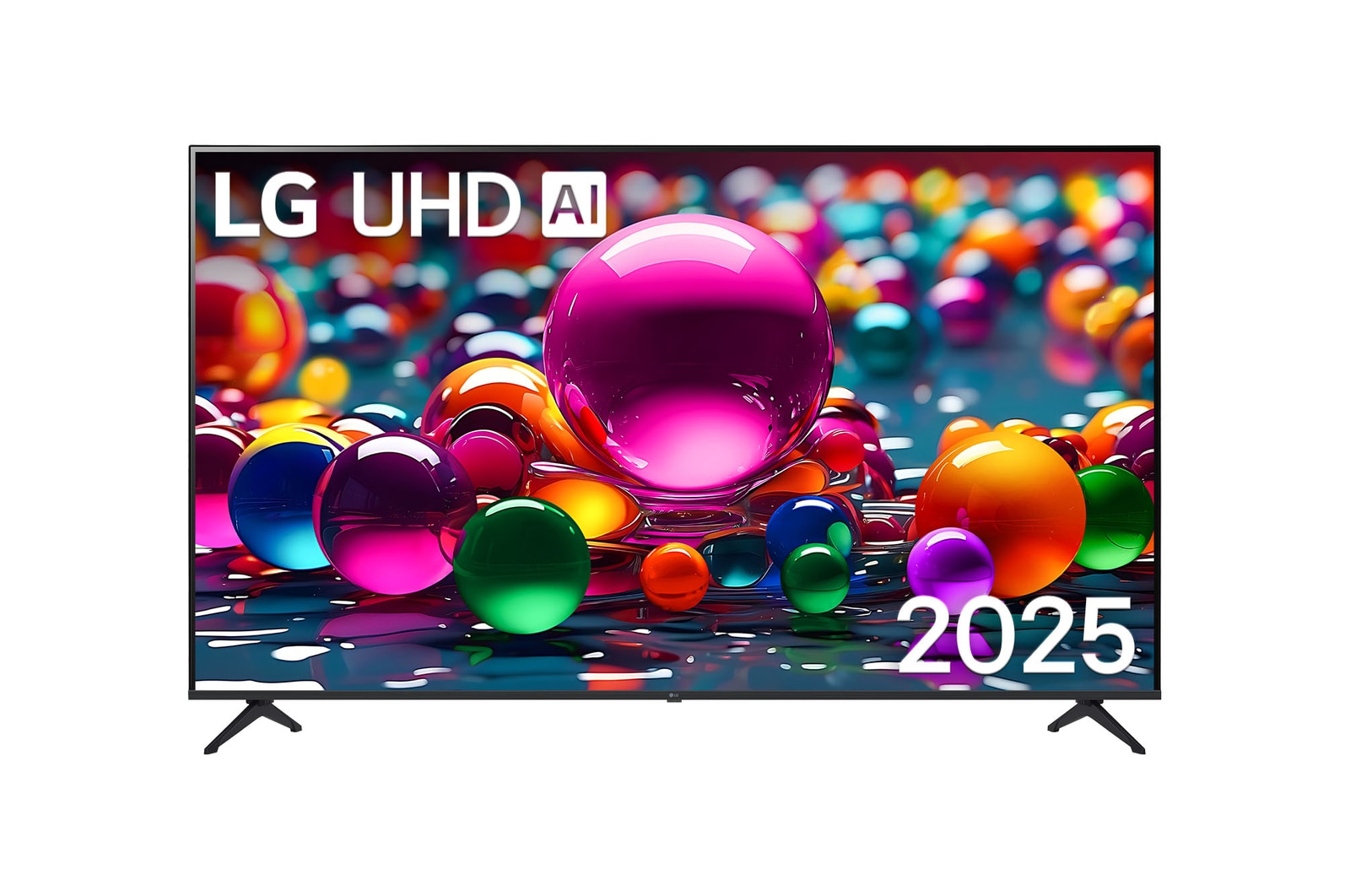 Frontansicht des UHD UA74 TV, LG UHD, Al Logo in der oberen Ecke. LG UHD TV zeigt farbenfrohe, malerische Texturen, die zusammenkommen.