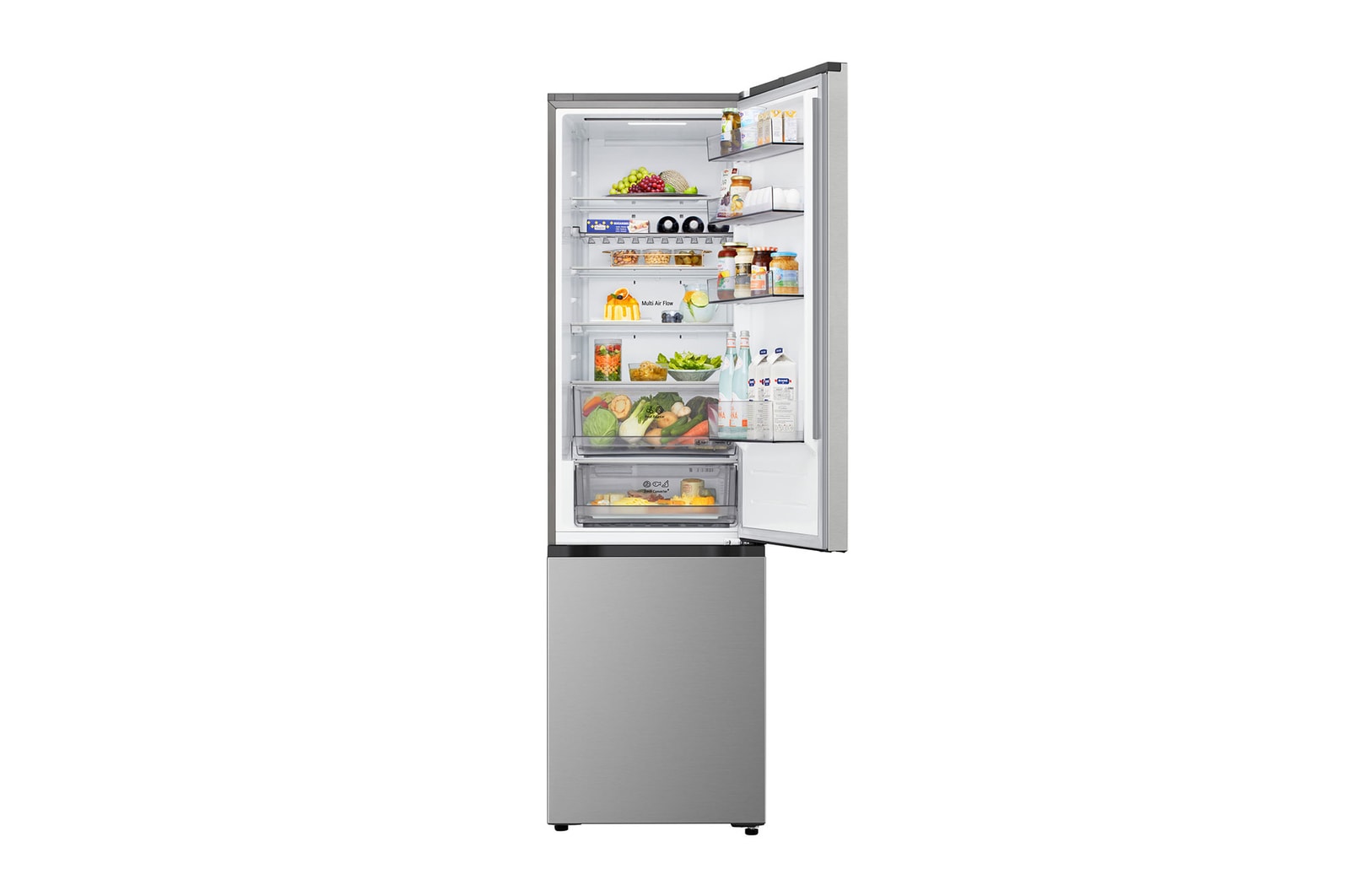 LG bottom freezer (GBBS726CPY) in living space with night city view overlaid with AI Saving Mode graphic and fluctuating energy chart