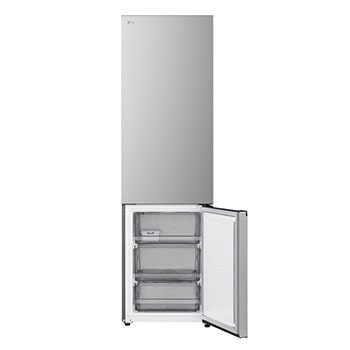 LG bottom freezer (GBBS726CPY) installed flush in tall warm beige wall with white arrows pointing to top side and front surfaces