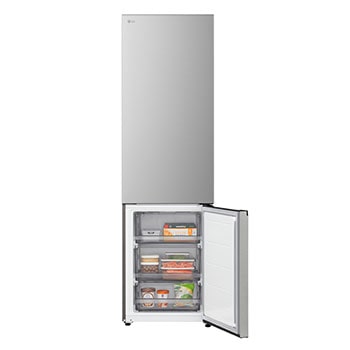 LG fridge freezer (GBBS726CPY) close up of wine rack holding four bottles and box of macarons with rack design magnified in circular image