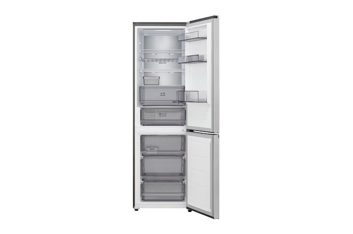 LG bottom freezer (GBBS726CPY) full door open view showing fridge and freezer compartments