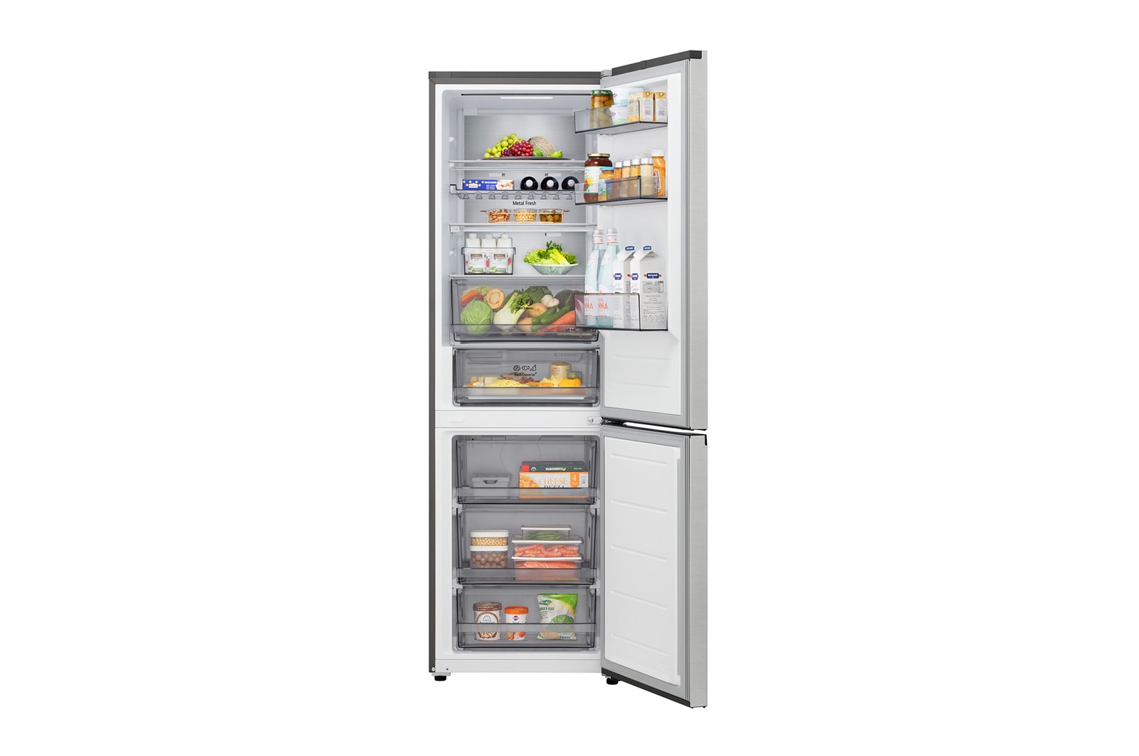 LG fridge freezer (GBBS726CPY) top view with matte black fridge on left and cabinet wall on right