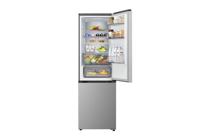 LG bottom freezer (GBBS726CPY) in living space with night city view overlaid with AI Saving Mode graphic and fluctuating energy chart
