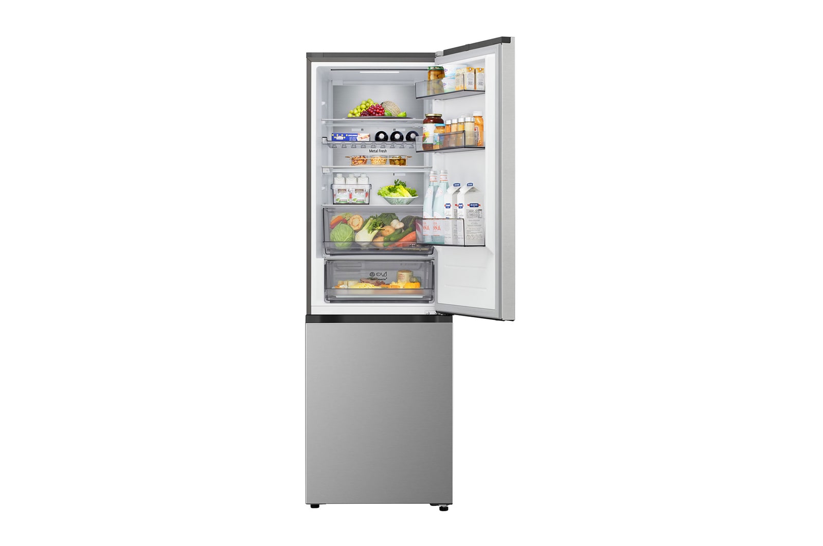 LG bottom freezer (GBBS726CPY) in living space with night city view overlaid with AI Saving Mode graphic and fluctuating energy chart