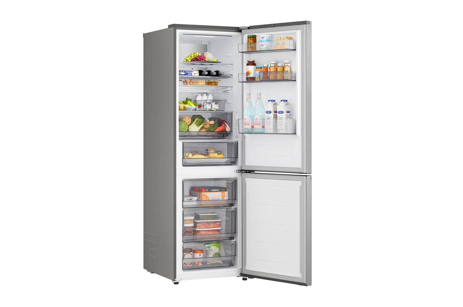 LG fridge freezer (GBBS726CPY) shelf highlighted in blue with arrows up and down right image shows folded shelf holding two water bottles