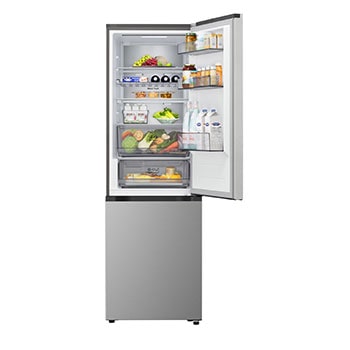 LG bottom freezer (GBBS726CPY) in living space with night city view overlaid with AI Saving Mode graphic and fluctuating energy chart