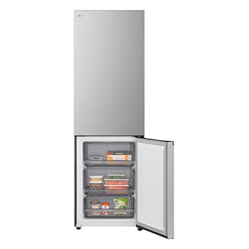 LG bottom freezer (GBBS726CPY) installed flush in tall warm beige wall with white arrows pointing to top side and front surfaces