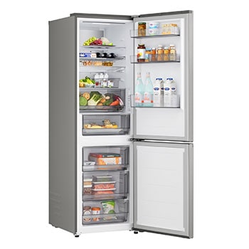 LG fridge freezer (GBBS726CPY) shelf highlighted in blue with arrows up and down right image shows folded shelf holding two water bottles