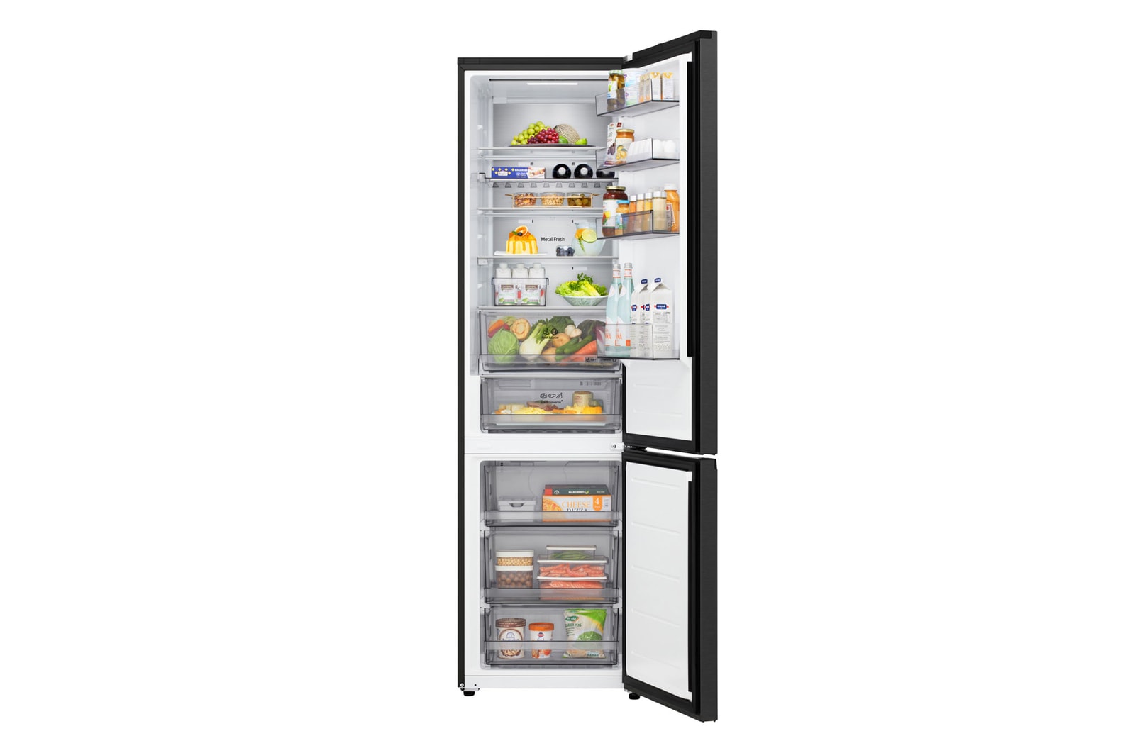 LG Unterer Gefrierschrank (GBBS726CPY) mit vollständiger Sicht auf die geöffnete Tür mit Sicht auf Kühlschrank- und Gefrierfächer