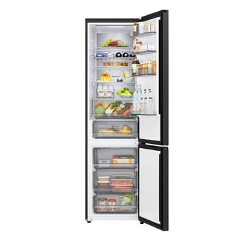 LG Unterer Gefrierschrank (GBBS726CPY) mit vollständiger Sicht auf die geöffnete Tür mit Sicht auf Kühlschrank- und Gefrierfächer