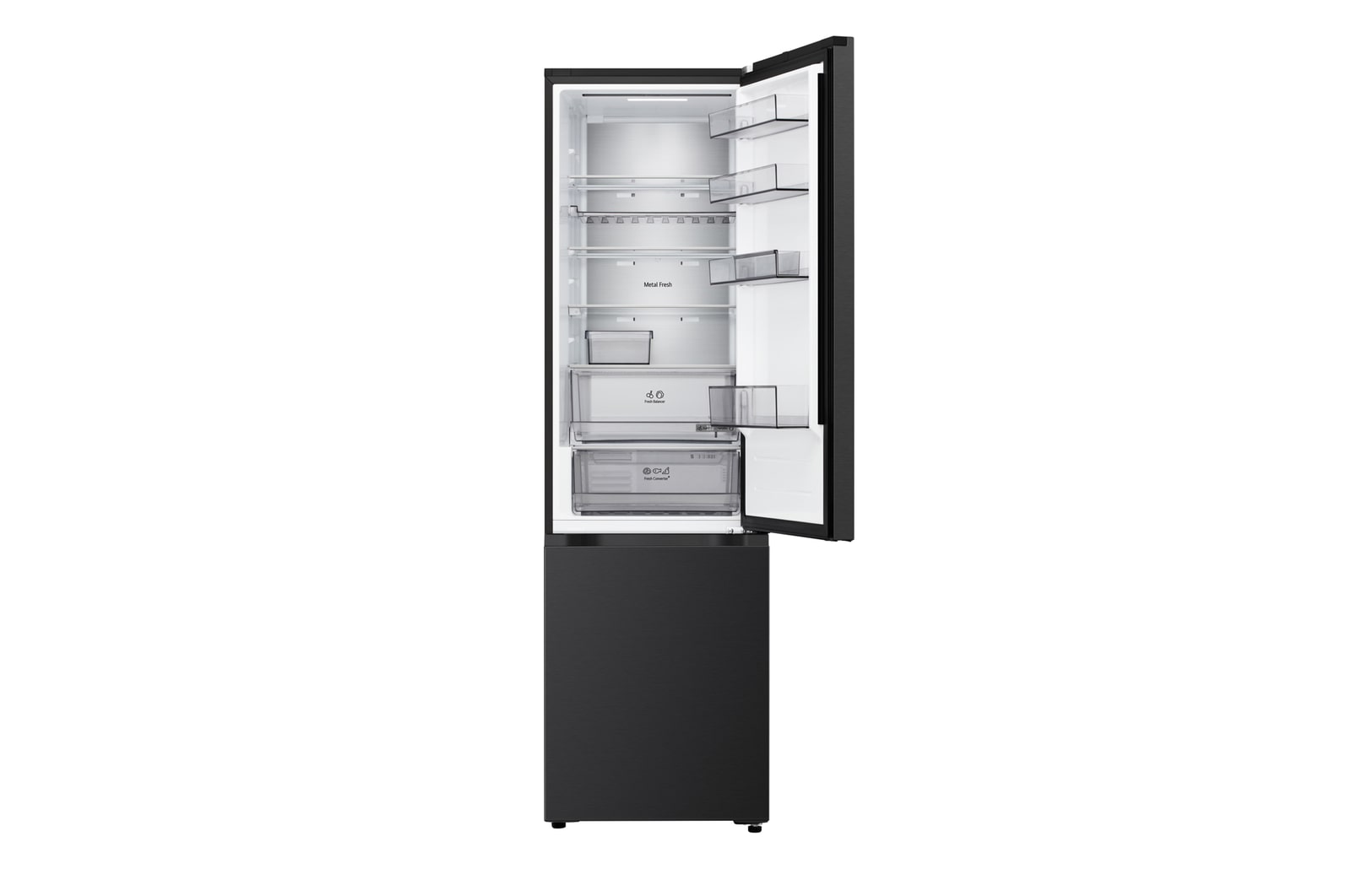 LG Kühl-/Gefrierschrank (GBBS726CPY) Draufsicht mit Kühlschrank in mattem Schwarz links und Schrankwand rechts