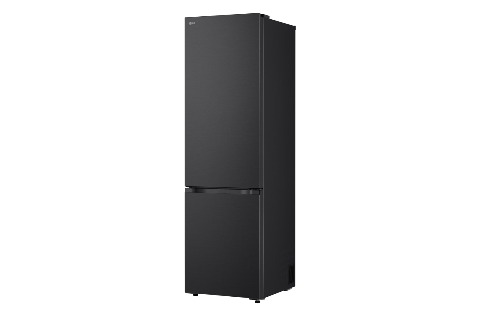 LG Unterer Gefrierschrank (GBBS726CPY) im Wohnbereich mit Blick auf die nächtliche Stadt, KI-Sparmodus-Grafik und schwankender Energietabelle