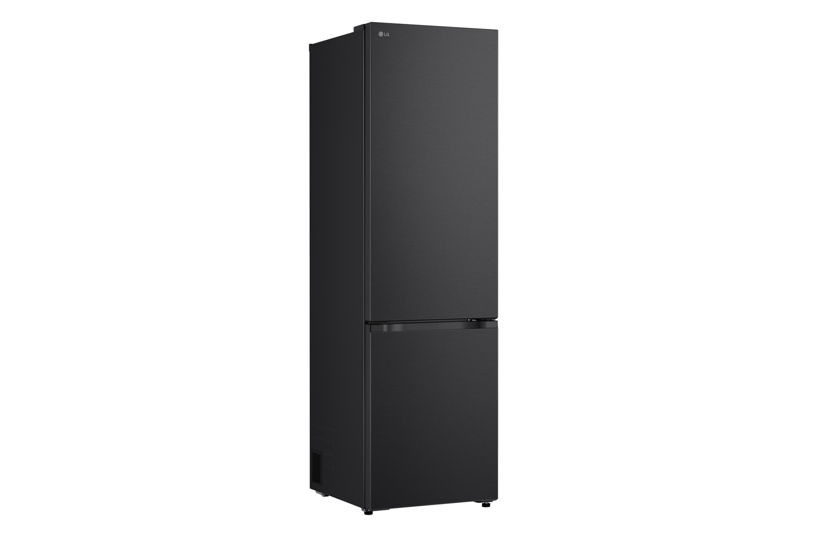 LG Unterer Gefrierschrank (GBBS726CPY) bündig installiert in hoher warmer beigefarbener Wand mit weißen Pfeilen, welche auf die Oberseite und die vorderen Oberflächen zeigen