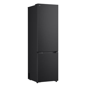 LG Unterer Gefrierschrank (GBBS726CPY) bündig installiert in hoher warmer beigefarbener Wand mit weißen Pfeilen, welche auf die Oberseite und die vorderen Oberflächen zeigen
