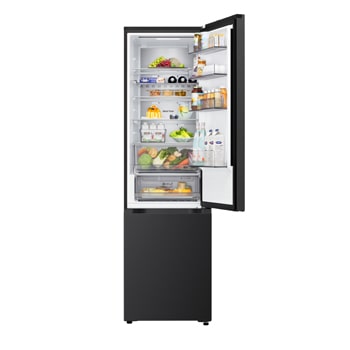 Nahaufnahme des LG Kühl-/Gefrierschrank (GBBS726CPY) Weinregals mit vier Flaschen und einer Schachtel Macarons mit im kreisförmigen Bild vergrößertem Gestelldesign