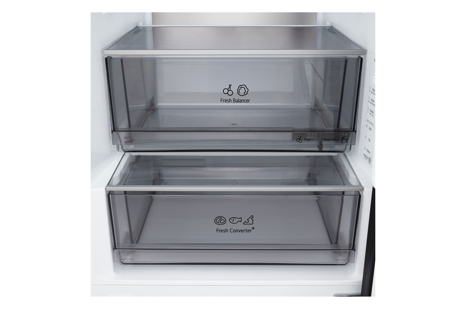 Das Regal des LG Kühl-/Gefrierschranks (GBBS726CPY) ist blau hervorgehoben und zeigt die Pfeile nach oben und unten. Abbildung rechts zeigt das gefaltete Regal mit zwei Wasserflaschen