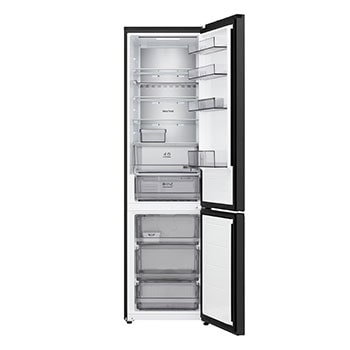 LG Unterer Gefrierschrank (GBBS726CPY) mit vollständiger Sicht auf die geöffnete Tür mit Sicht auf Kühlschrank- und Gefrierfächer