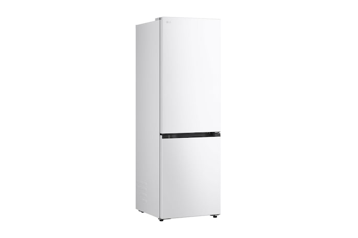 Das Regal des LG Kühl-/Gefrierschranks (GBBS726CPY) ist blau hervorgehoben und zeigt die Pfeile nach oben und unten. Abbildung rechts zeigt das gefaltete Regal mit zwei Wasserflaschen
