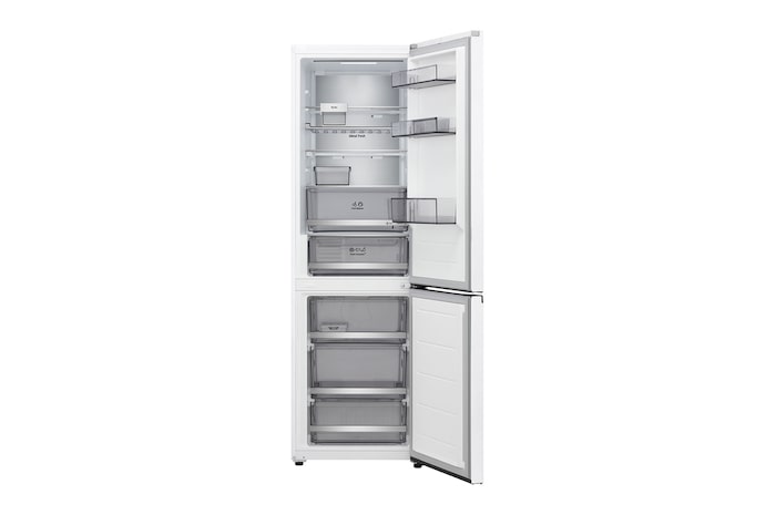 LG Unterer Gefrierschrank (GBBS726CPY) mit vollständiger Sicht auf die geöffnete Tür mit Sicht auf Kühlschrank- und Gefrierfächer