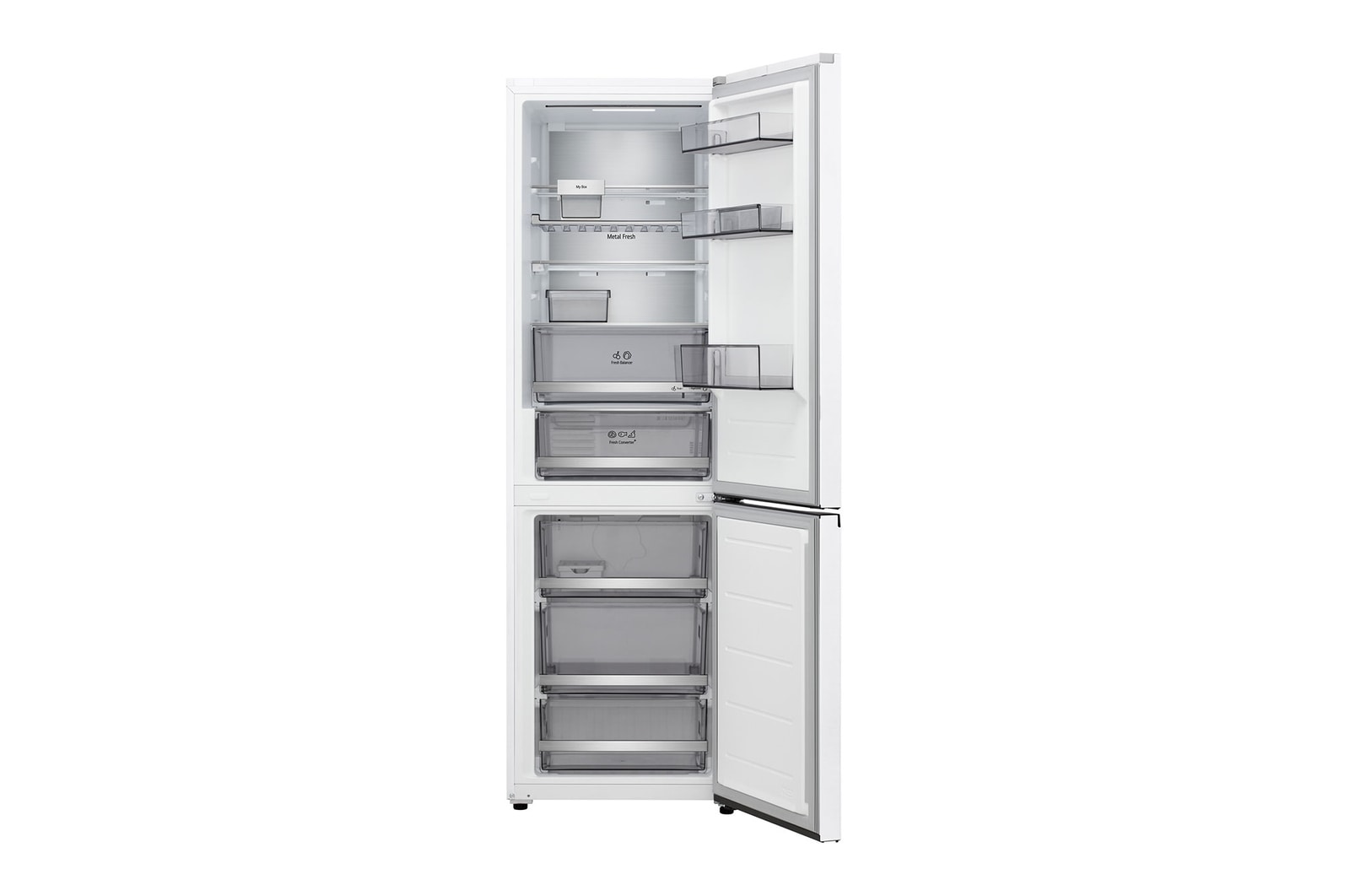 LG Unterer Gefrierschrank (GBBS726CPY) mit vollständiger Sicht auf die geöffnete Tür mit Sicht auf Kühlschrank- und Gefrierfächer