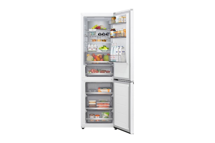 LG Kühl-/Gefrierschrank (GBBS726CPY) Draufsicht mit Kühlschrank in mattem Schwarz links und Schrankwand rechts