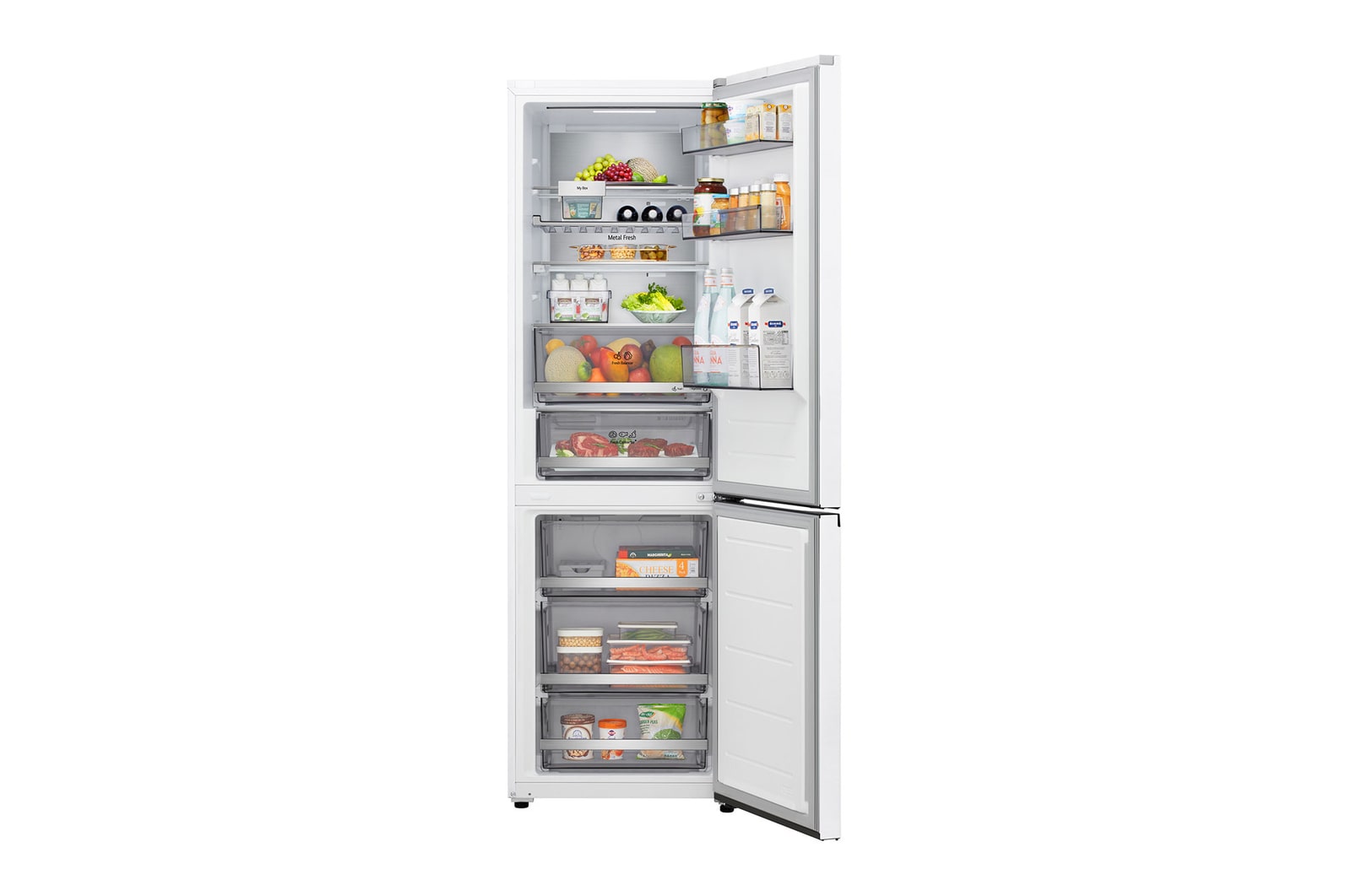 LG Kühl-/Gefrierschrank (GBBS726CPY) Draufsicht mit Kühlschrank in mattem Schwarz links und Schrankwand rechts