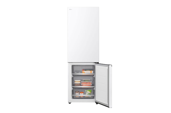 Nahaufnahme des LG Kühl-/Gefrierschrank (GBBS726CPY) Weinregals mit vier Flaschen und einer Schachtel Macarons mit im kreisförmigen Bild vergrößertem Gestelldesign